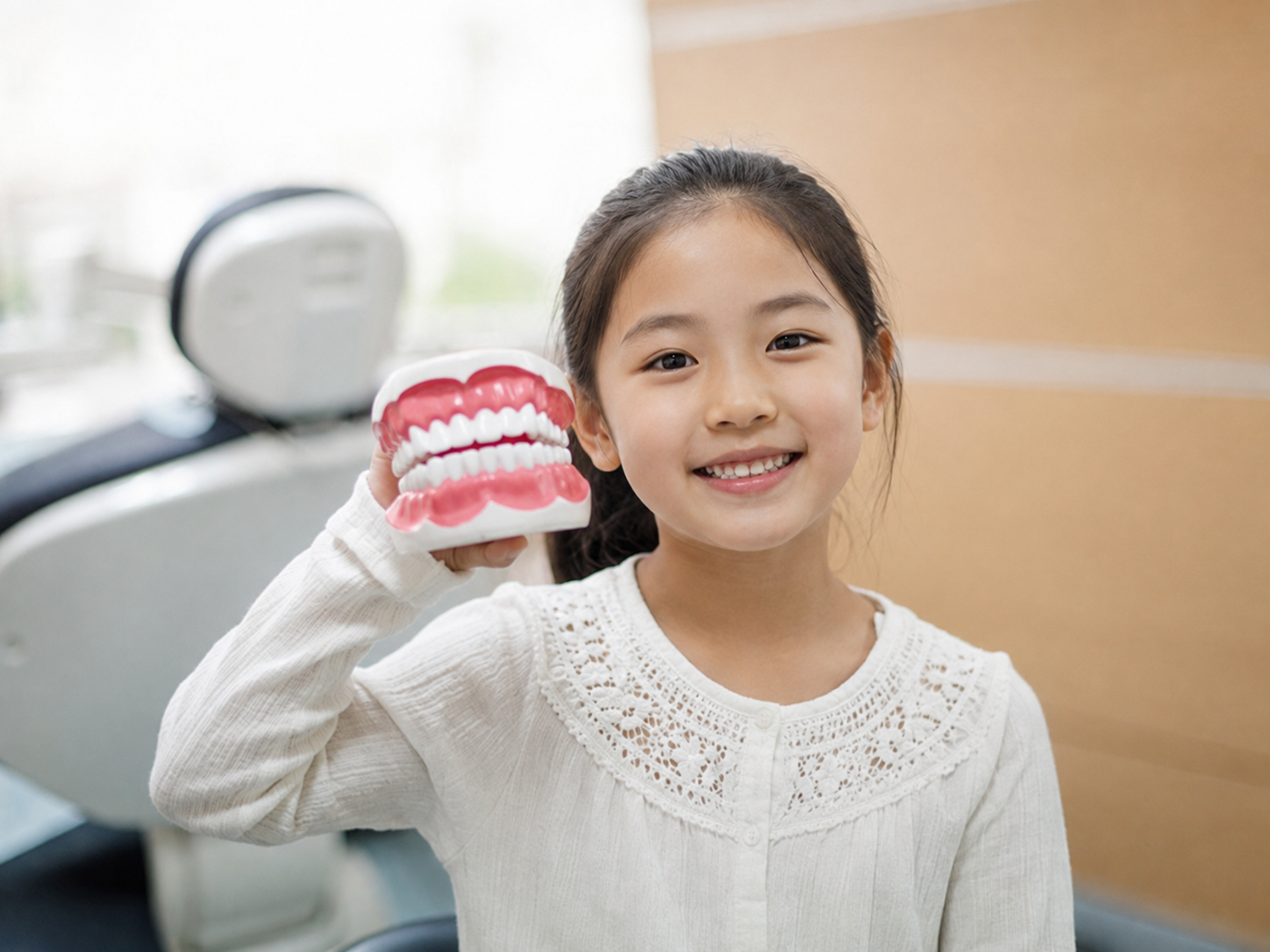 치아 모형을 든 어린이